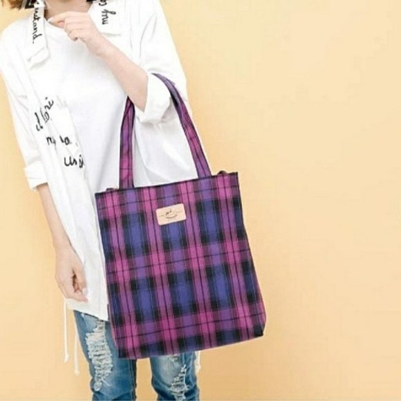 Waterproof Purple Plaid Large Tote Shoulder Bag Travel Purse - Picture 8 of 14